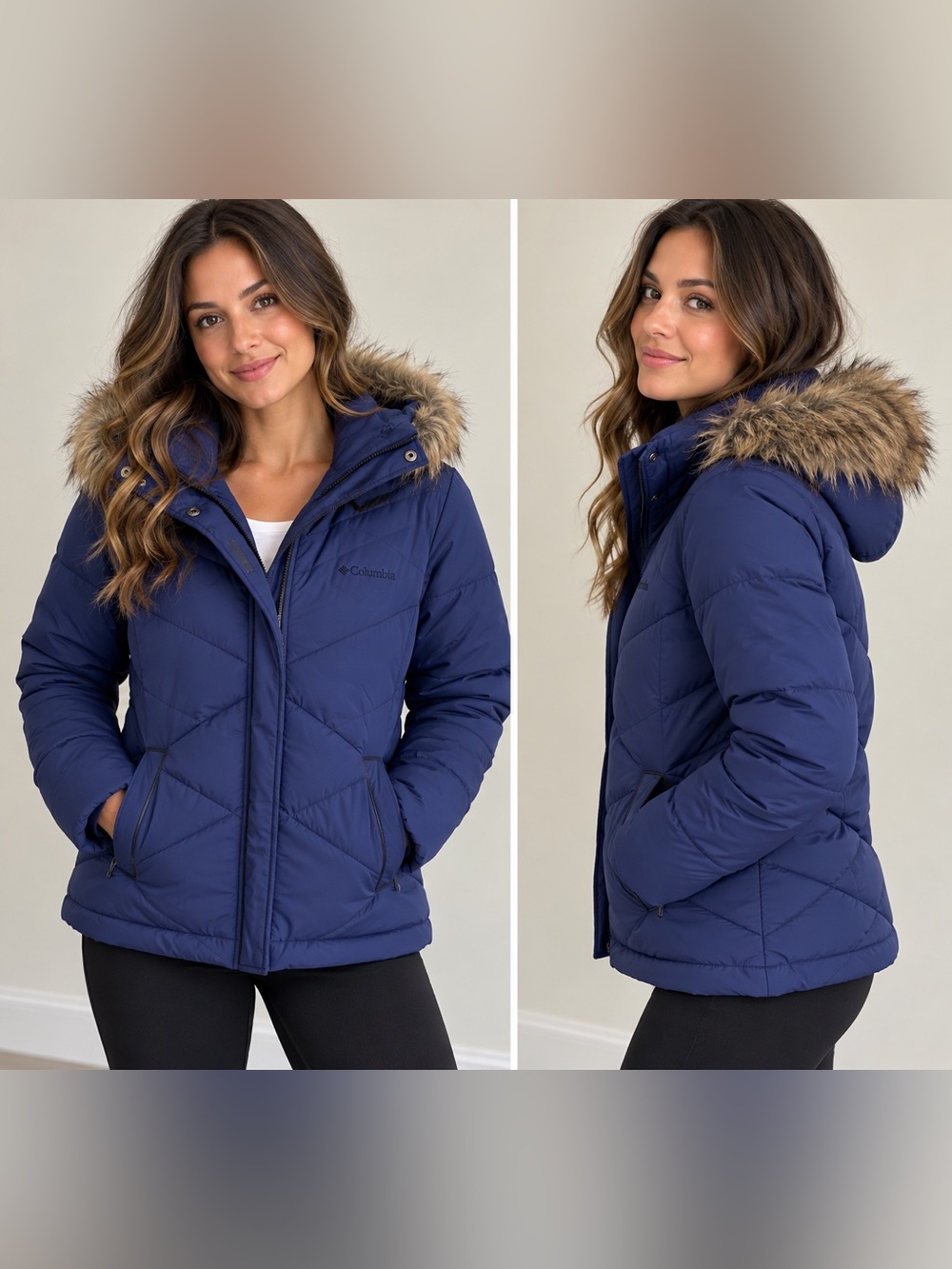 Columbia Women’s Large Navy Blue Puffer Jacket Faux Fur Hood Winter Coat